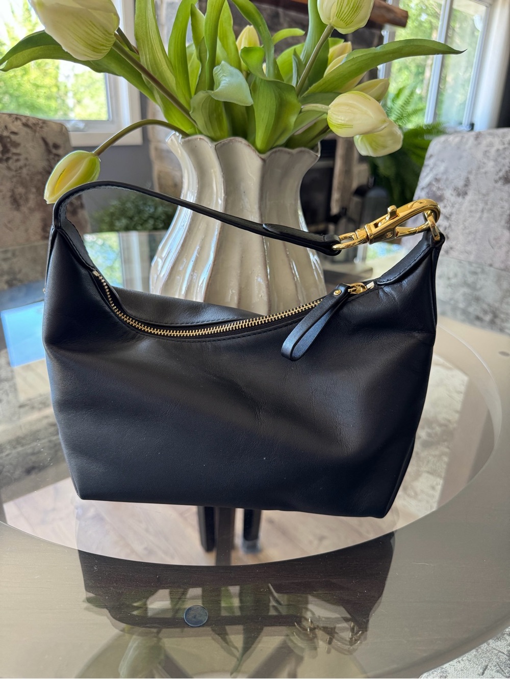 Lauren Ralph Lauren Black Leather Shoulder Bag with Gold-Tone Hardware